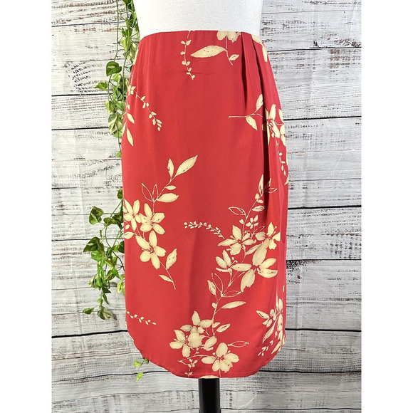 Judith Hart Skirt size 12 Coral Tan Floral Tropical Faux Wrap Pencil Knee Hawaii - Picture 1 of 14